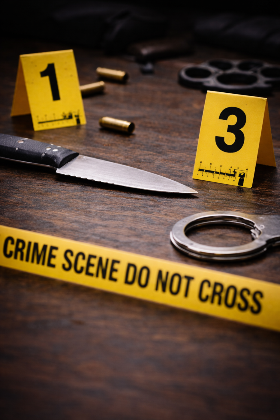 crime scene with knife evidence marker and police tape representing violent crime charges and defense in Utah courts