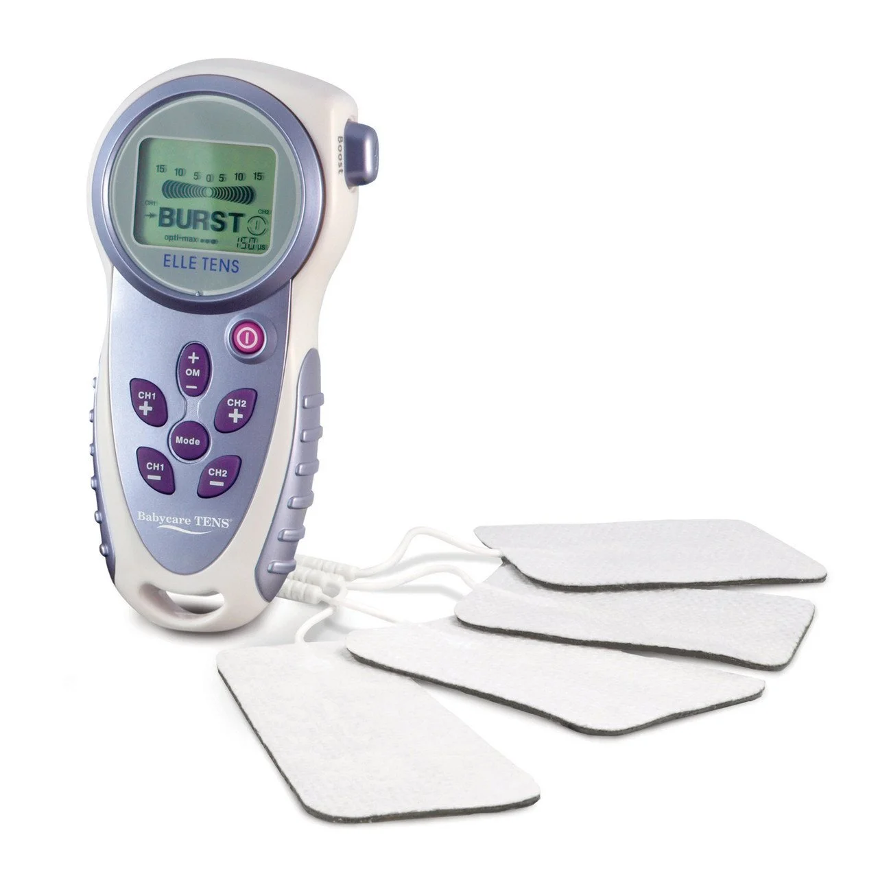 Elle TENS machine with electrode pads — a drug-free labour pain relief device that blocks pain signals and releases natural endorphins, available to hire through Lyddie Doula, South East London