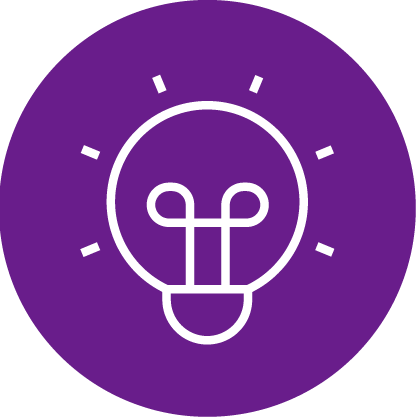 White outline of a glowing light bulb icon on a solid purple circular background.