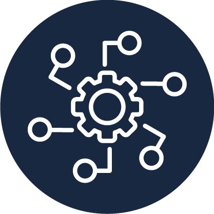 White gear with six connected circuit lines on a dark blue circular background, representing integration.