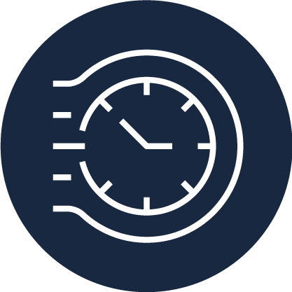 White line drawing of a clock with motion lines on a dark blue circular background, suggesting timeliness.