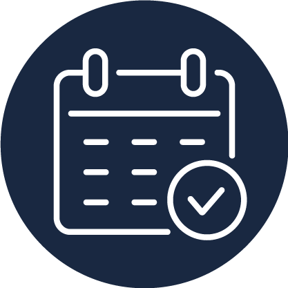 A white calendar icon with a checkmark in a circle on a dark blue background, symbolizing a scheduled or completed event.