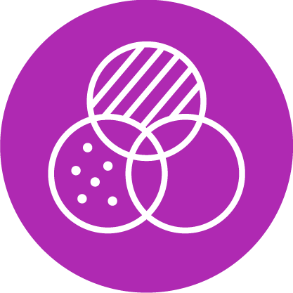 Three overlapping circles with different patterns—stripes, dots, and plain—outlined in white on a purple circular background.