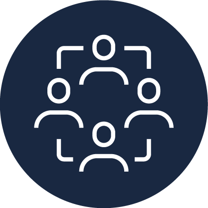 Icon of four outlined human figures arranged in a circle, connected by lines, on a dark blue circular background.