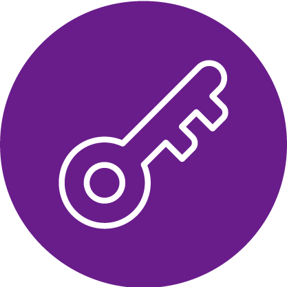 White outline of a key centered on a solid purple circular background.