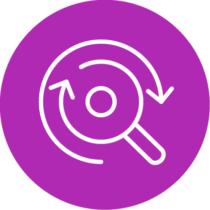 White magnifying glass with circular arrows icon on a solid purple background, symbolizing robust reporting functionality.