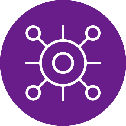 White network or hub icon with a central circle and lines connecting to six outer circles, shown on a solid purple circular background.
