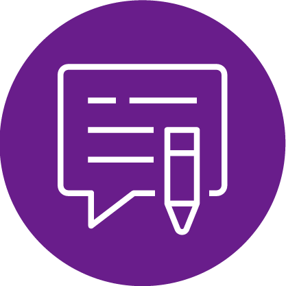 A white speech bubble with lines and a pencil icon inside it on a solid purple circular background.