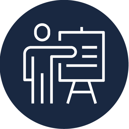 Icon of a person standing next to a presentation board with lines representing text, set against a dark circular background.