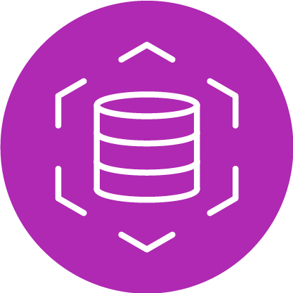 White database icon surrounded by six lines and arrows on a solid purple circular background.