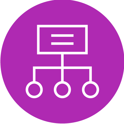 White hierarchical flowchart icon with three connected circles on a solid purple circular background.