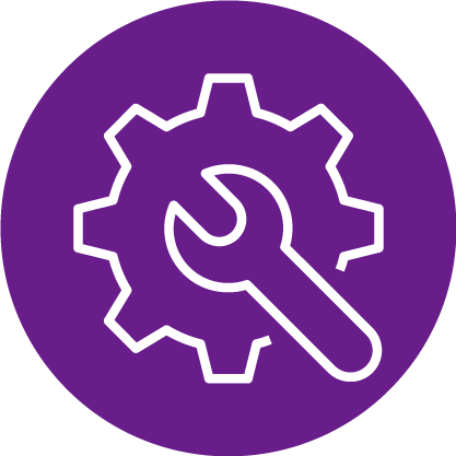 White wrench and gear icon on a purple circular background, representing settings or maintenance.