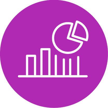 White bar chart and pie chart icon on a solid purple circular background.