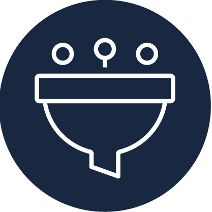 White line drawing of a funnel with three circles above it, centered on a dark blue circular background.