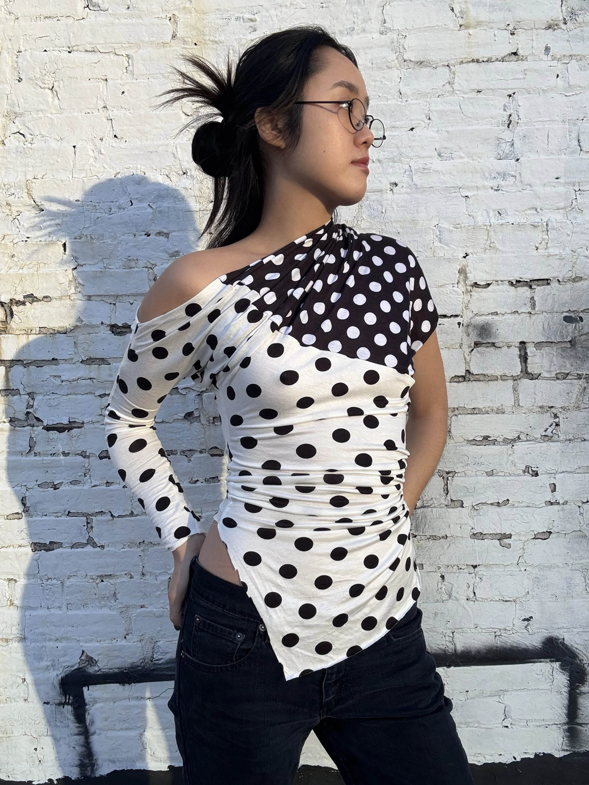 Mixed Polkadot Off-shoulder drape top