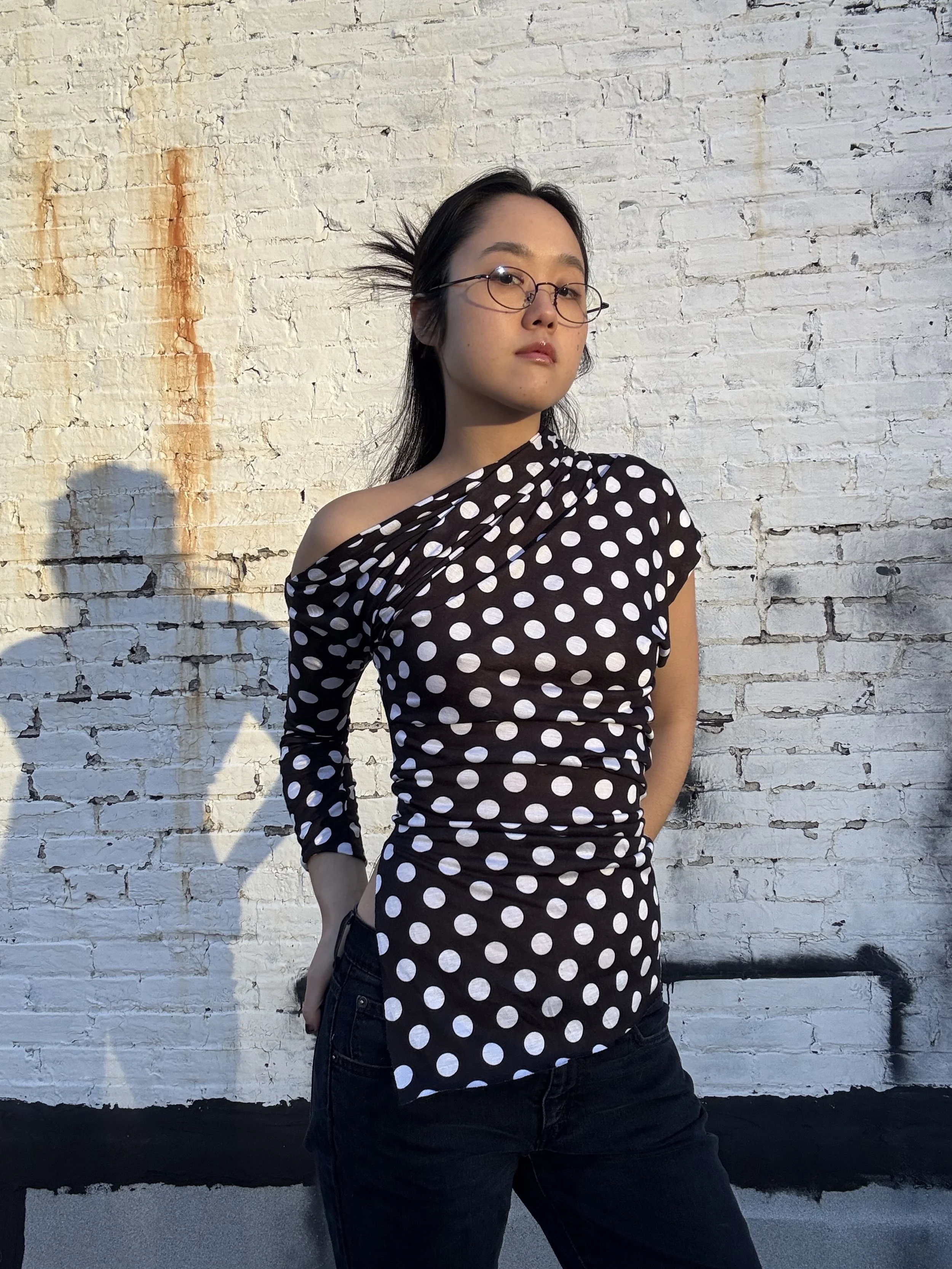 Black Polkadot Off-shoulder drape top