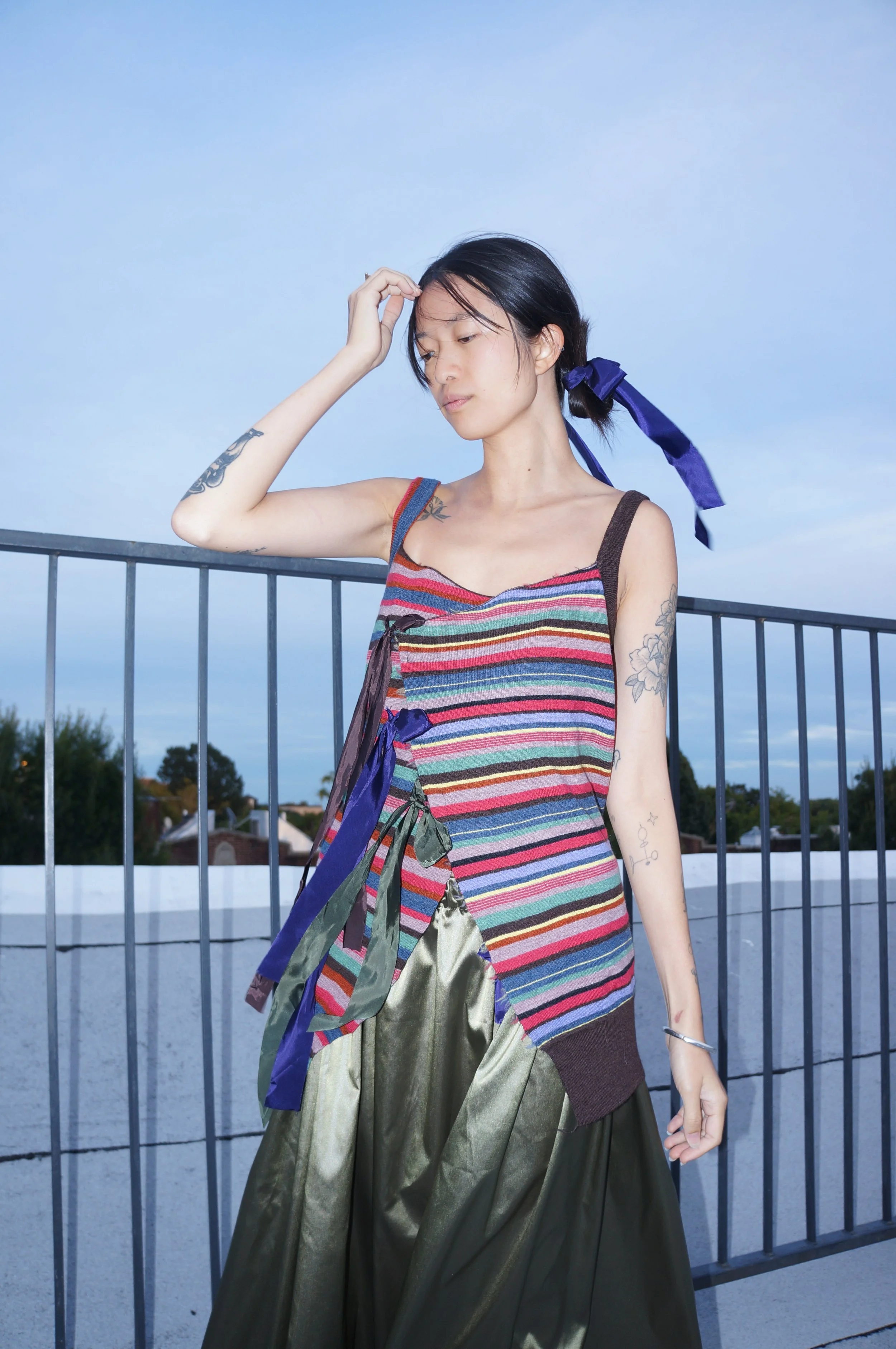 Strip knit ribbon top