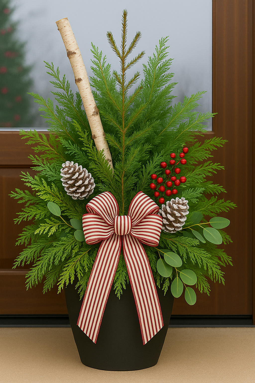 Festive Greenery and Striped Bow Arrangement.png