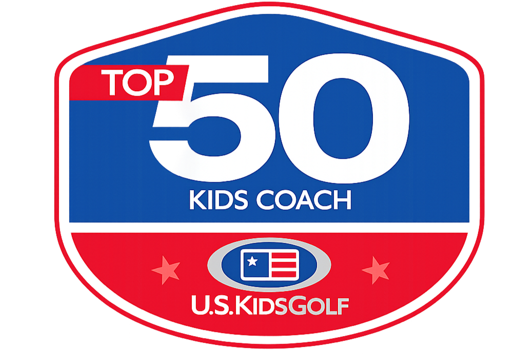 A shield-shaped logo with red, white, and blue colors, featuring the text 'Top 50 Kids Coach' and the U.S. Kids Golf emblem at the bottom.