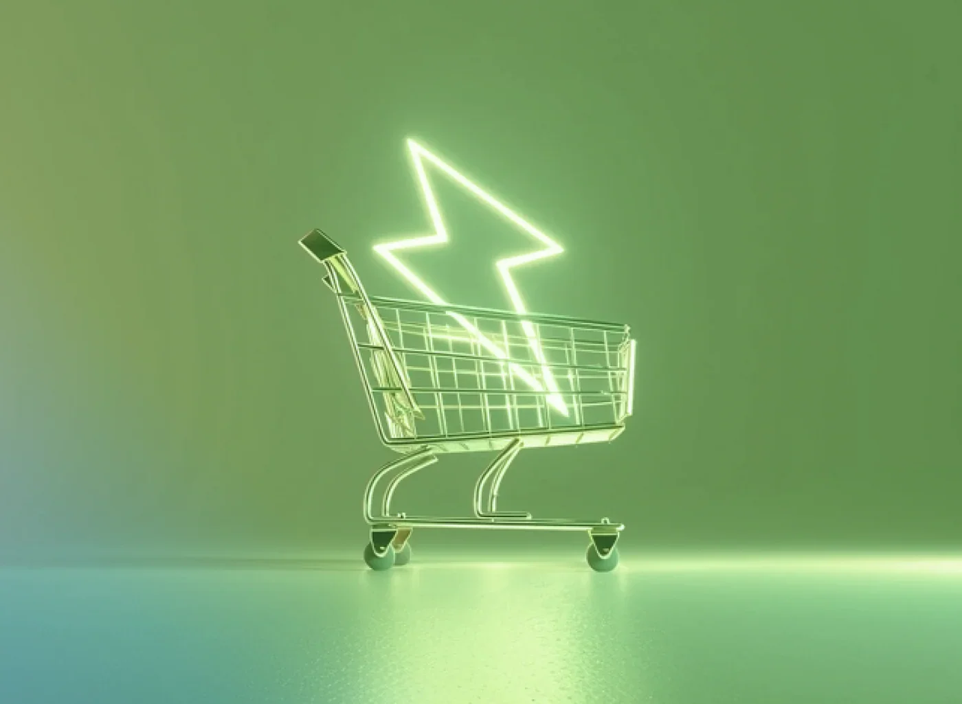 Decorative image featuring a shopping cart with a neon green lightning bolt in it, on a green background