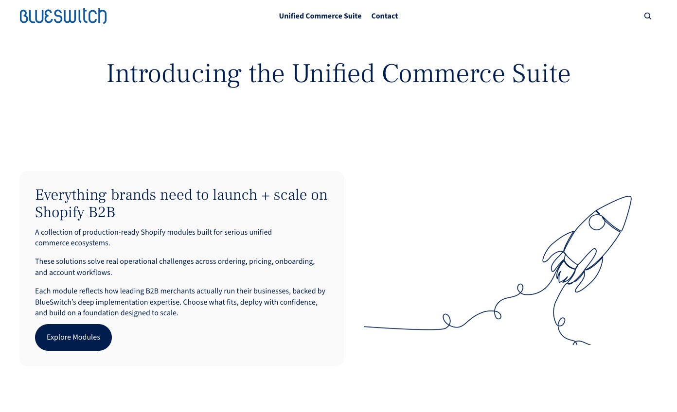 screen shot of the new Unified Commerce Suite website, featuring a hand-drawn rocket ship and a short description of the product