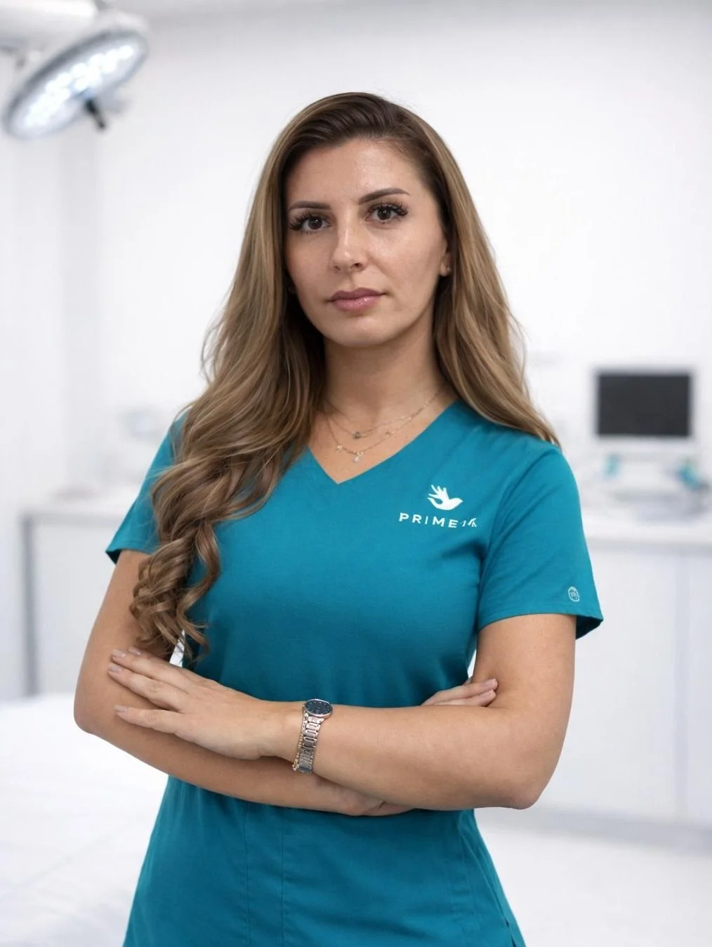 A female healthcare professional with long wavy brown hair, wearing teal scrubs with a logo and the word 'Primea', crosses her arms and looks at the camera in a clinical setting.