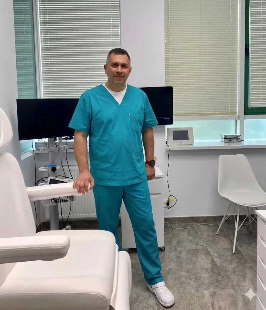 A man in blue medical scrubs standing in a modern medical office or clinic, with equipment and monitors behind him, and a white examination chair in the foreground.