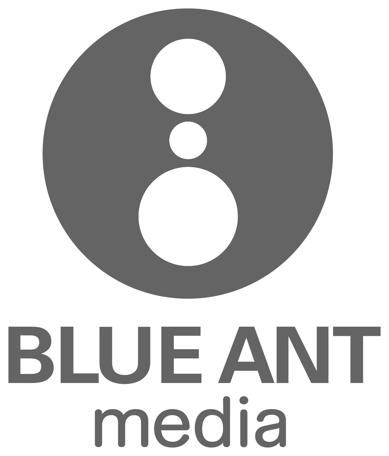 A grayscale logo of Blueant Media with a circle containing three white dots and the company name underneath.