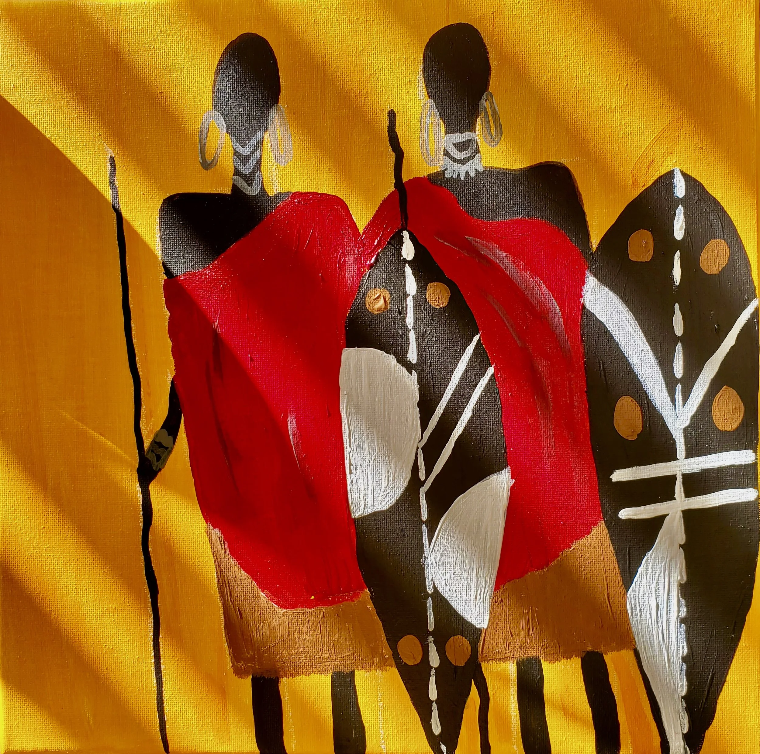 Painting of two African women with dark skin and traditional jewelry, standing behind brightly colored butterfly-shaped panels on a yellow background.