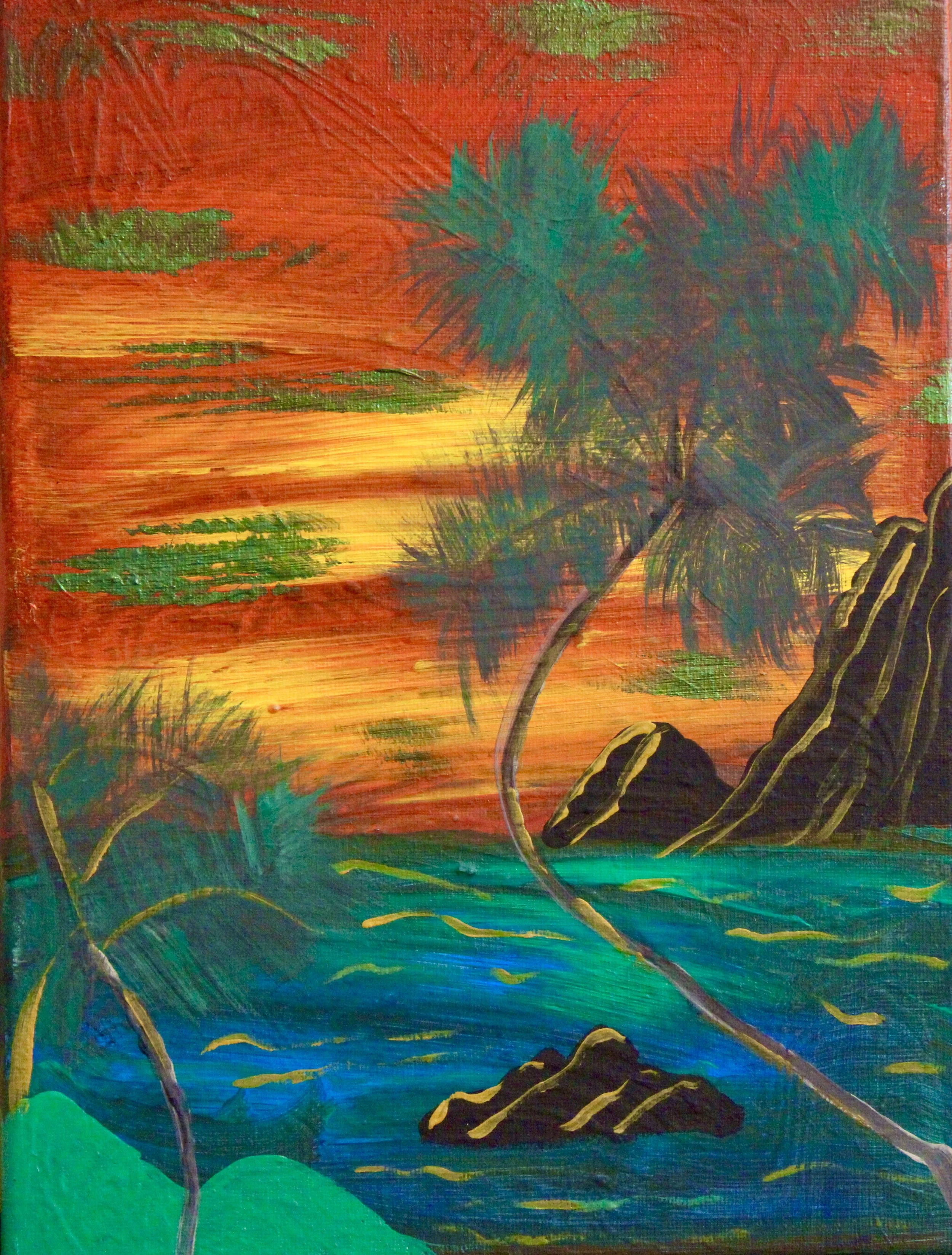 Colorful painting of a tropical sunset with two palm trees, rocks, and water.