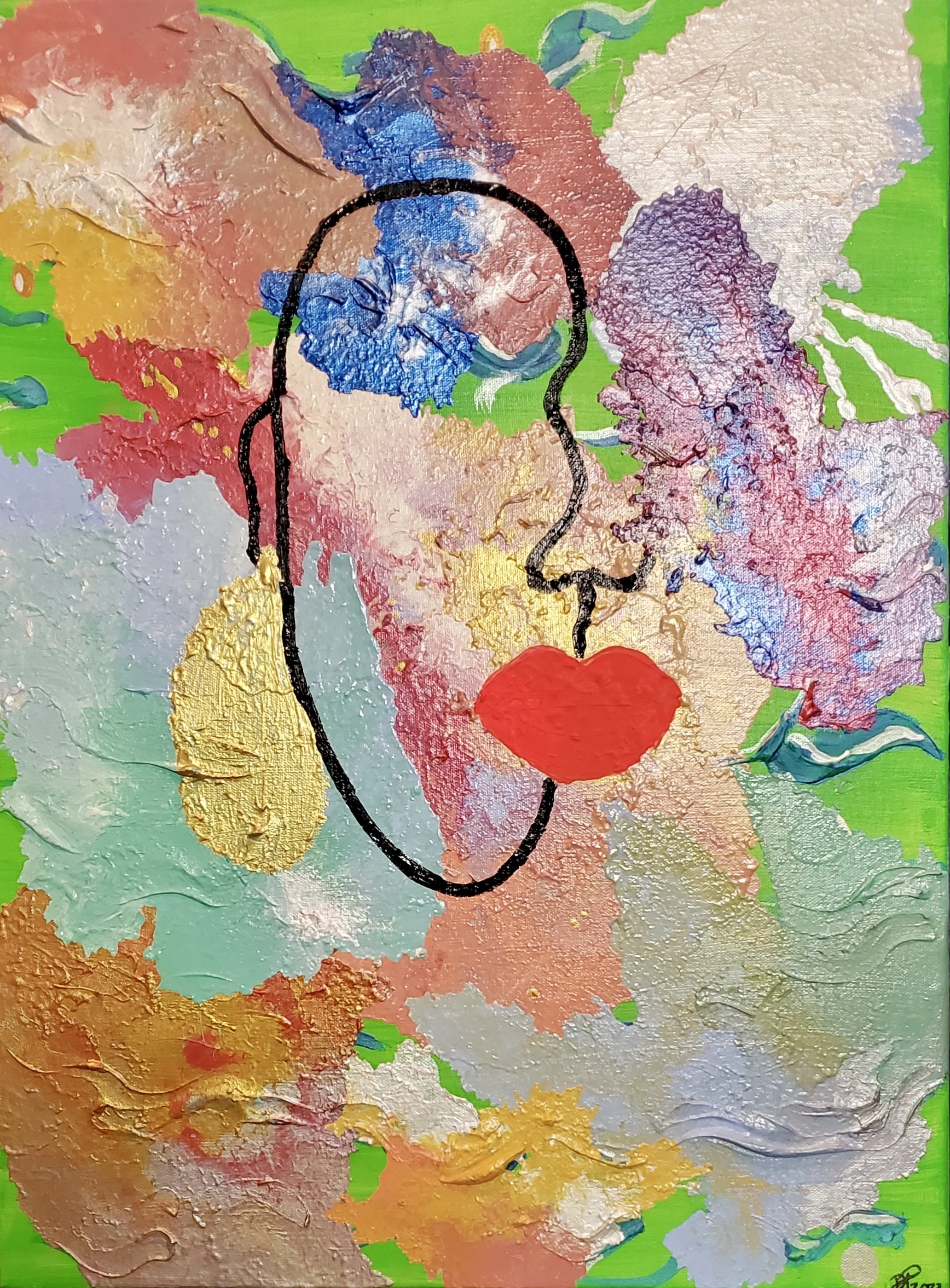 Abstract painting of a woman's face created with colorful textured oil paints, with black outline of a face and a red heart shape as lips, on a green background.
