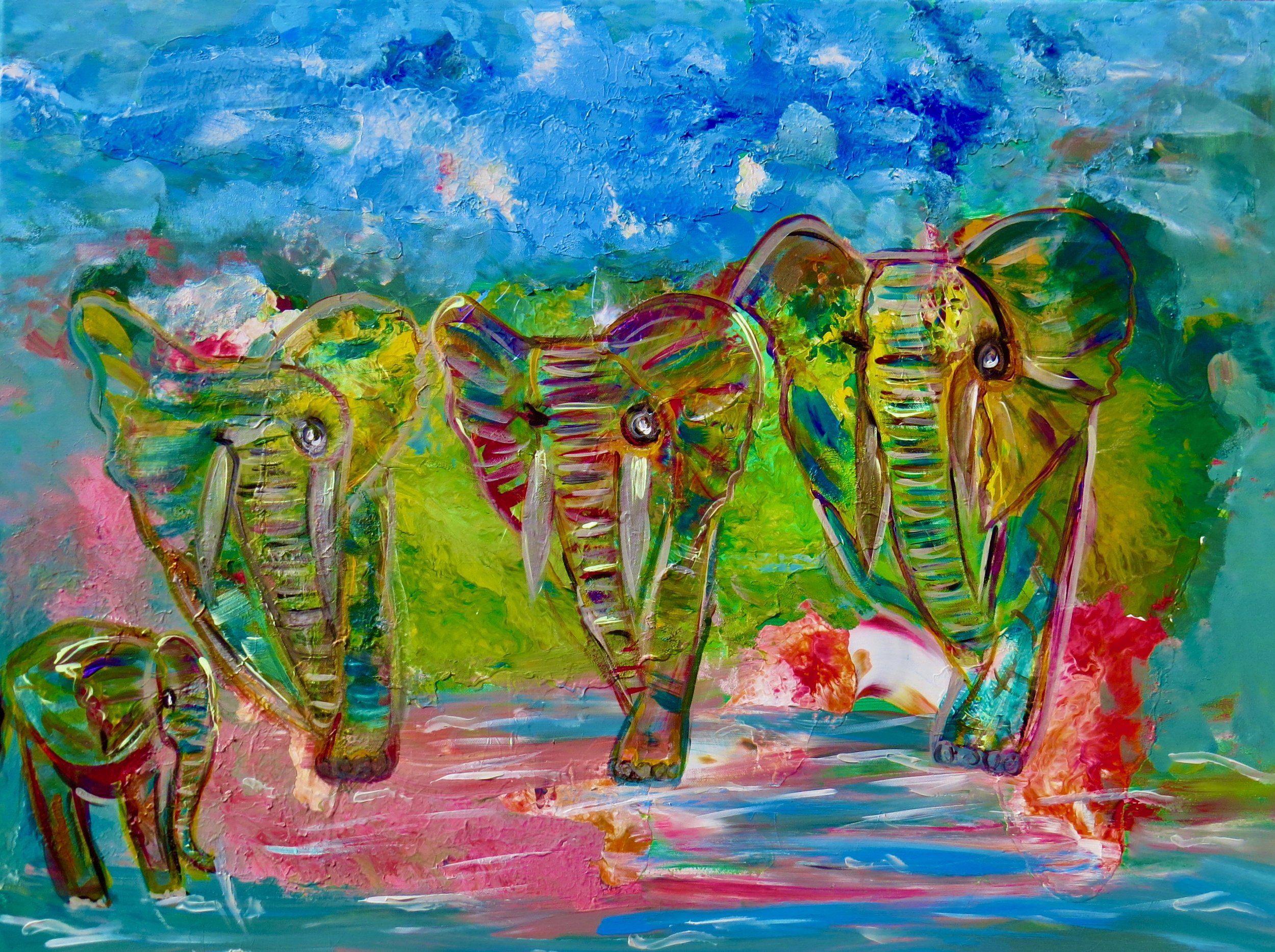 Colorful painting of three elephants walking, with vibrant blue, green, pink, and yellow hues, and abstract background.