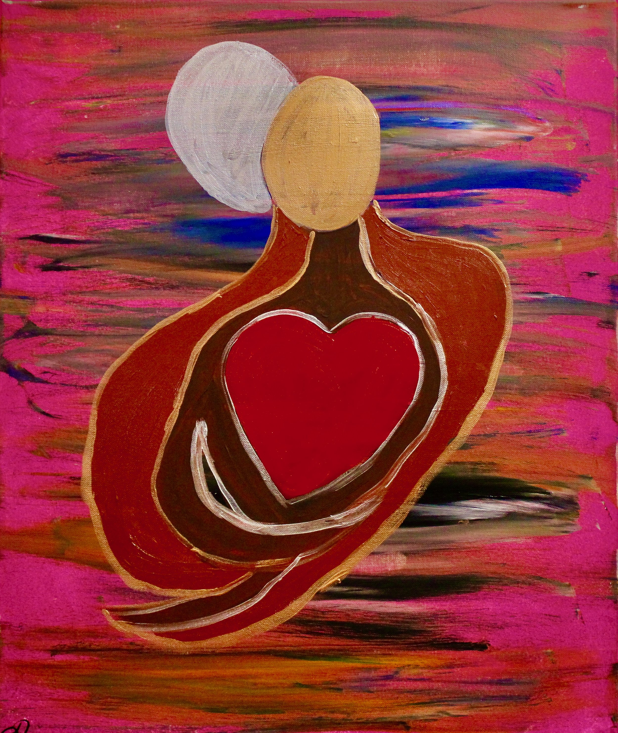 Abstract painting of a human figure with a red heart at the chest, a beige oval head, no facial features, set against a pink and multicolored background.