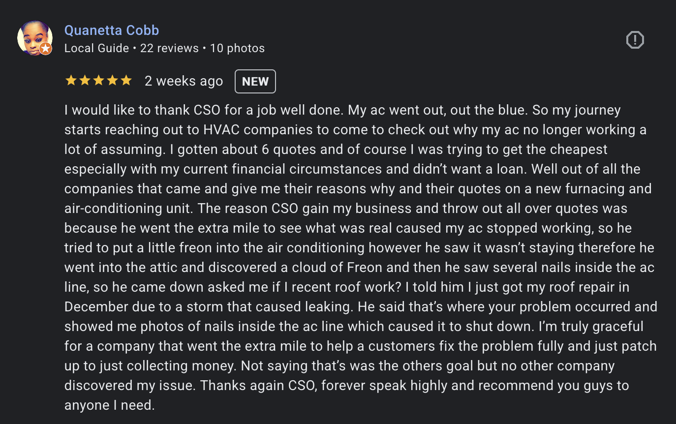 Five star Google review from a customer praising CSO Mechanical for finding a nail in her refrigerant line and installing a new HVAC unit.