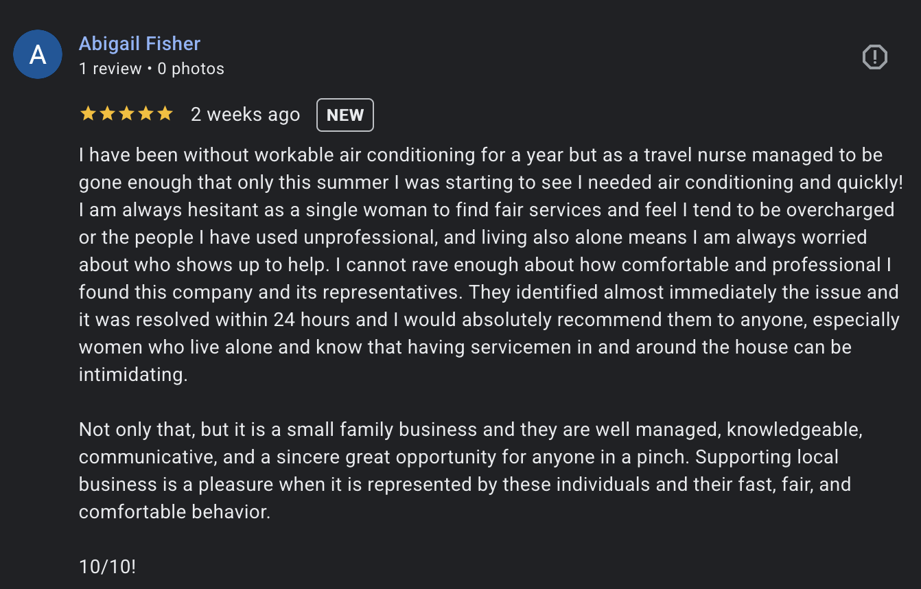 Five star review from Google from a customer talking about how CSO Mechanical fixed her air conditioning quickly.