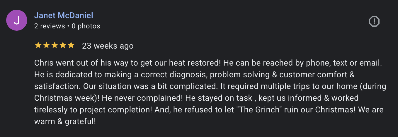 Five star review from Google from a customer happily sharing about how CSO Mechanical fixed heat quickly.