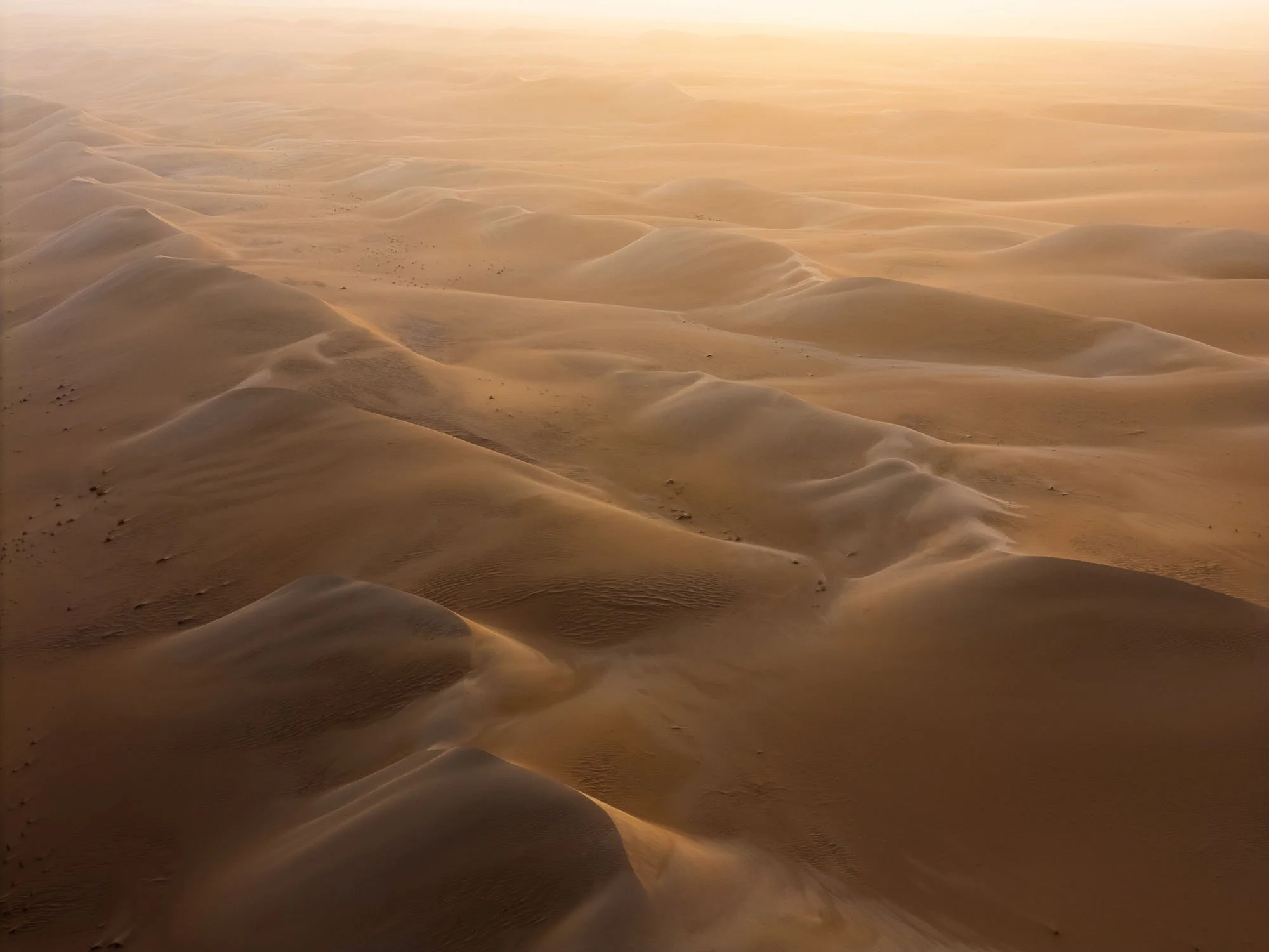 An aerial view of golden, undulating sand dunes with delicate shadows at sunrise in the Erg Maqheir region of the Mauritanian Sahara