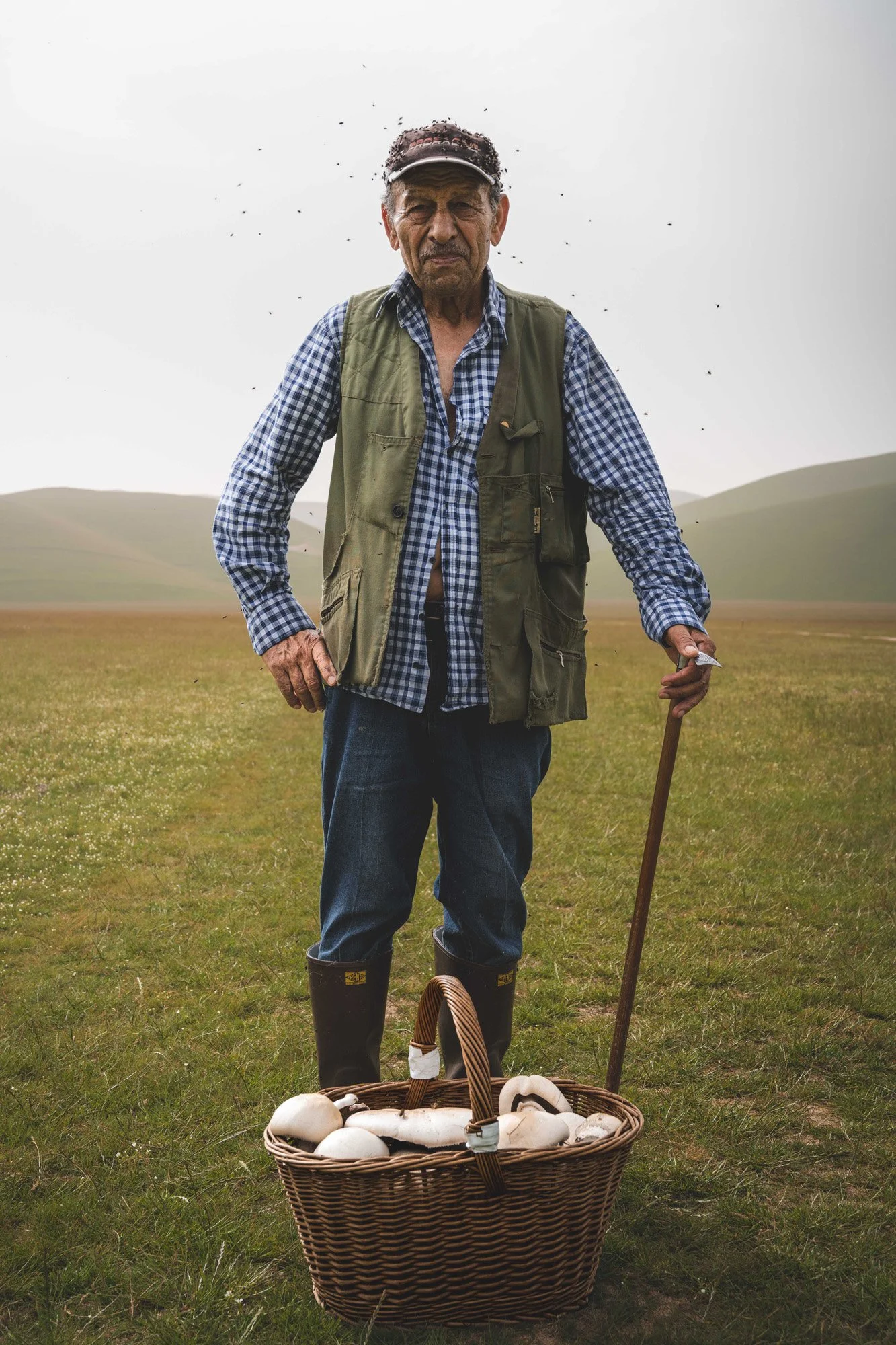 A proud elderly mushroom hunter standing in a field in Italy with a full basket and flies swarming around him. This raw, unedited portrait uses the 'negativity bias' by including chaotic, gritty details that demand immediate visual attention.