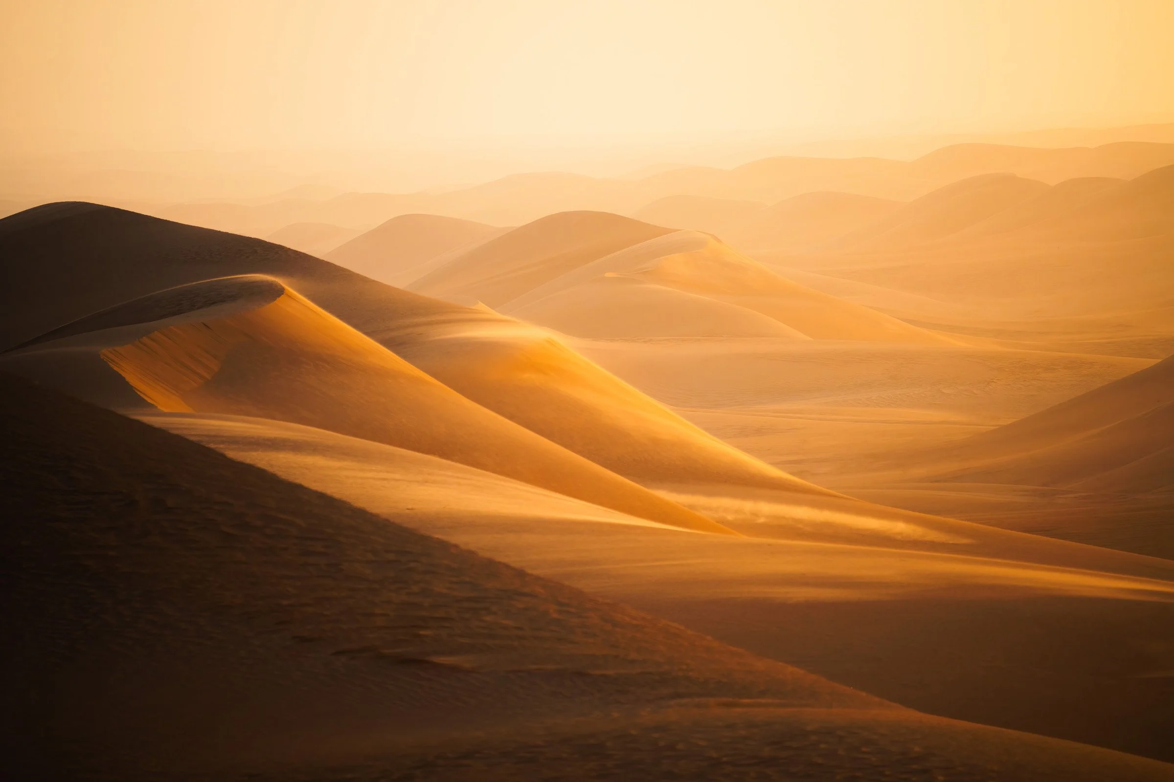 Desert landscape with rolling sand dunes illuminated by warm golden sunlight, creating shadows and highlighting the dunes' shapes.