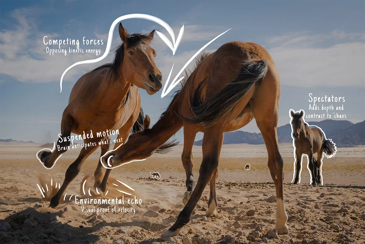 Two wild horses sparring in the Namib desert with sand kicking up, demonstrating the 'Shift' signal through unresolved motion.