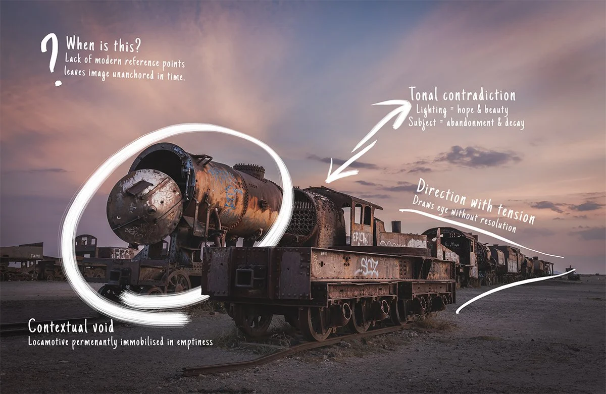 A rusted steam engine in the Uyuni train cemetery in Bolivia, with annotations showing tonal contradiction, contextual void, and visual tension.