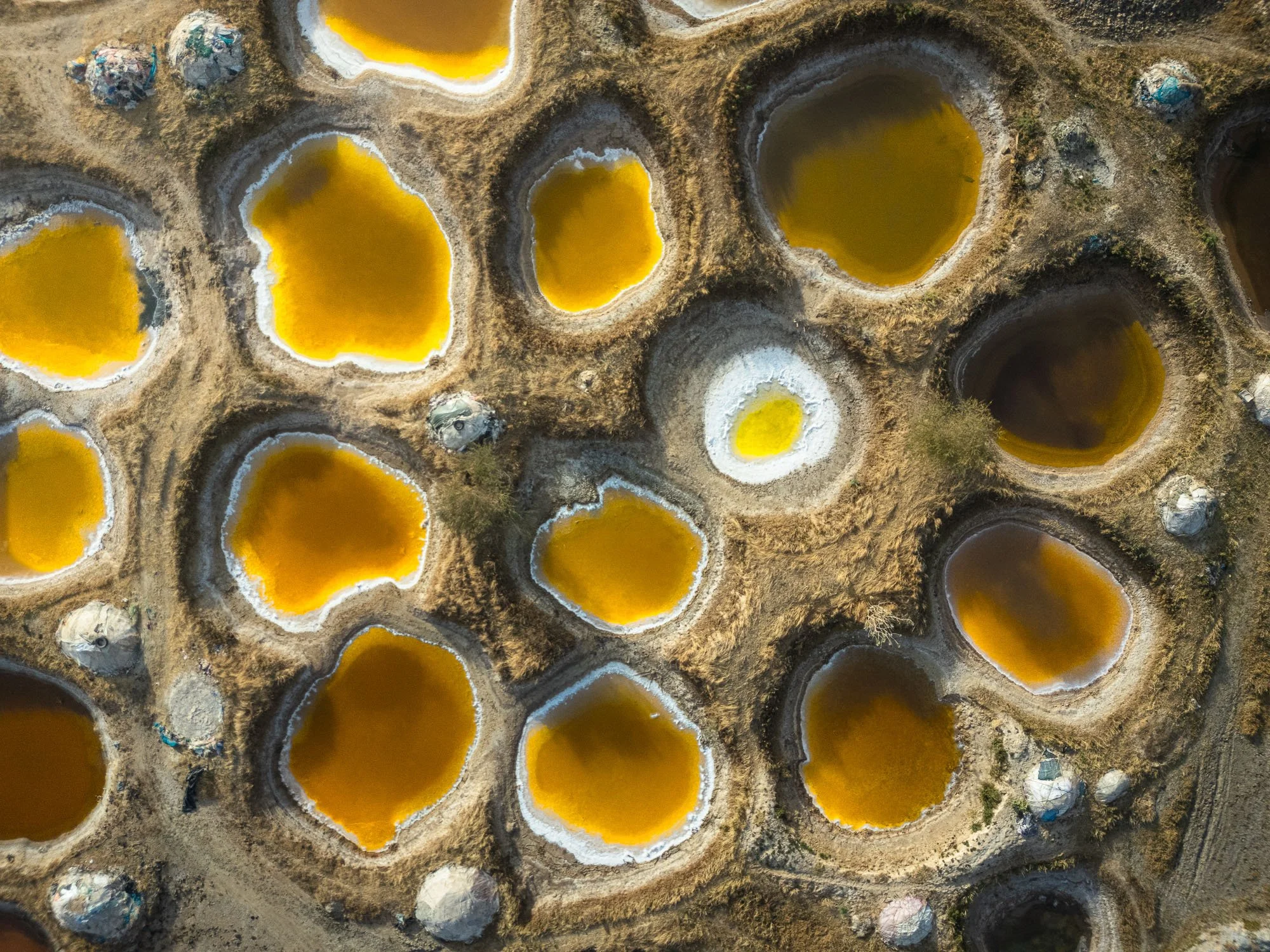 Aerial photograph of the vibrant, crater-like salt evaporation pools in Palmarin, Senegal, illustrating how complex visual patterns trigger the Aesthetic Aha and cognitive play in viewers
