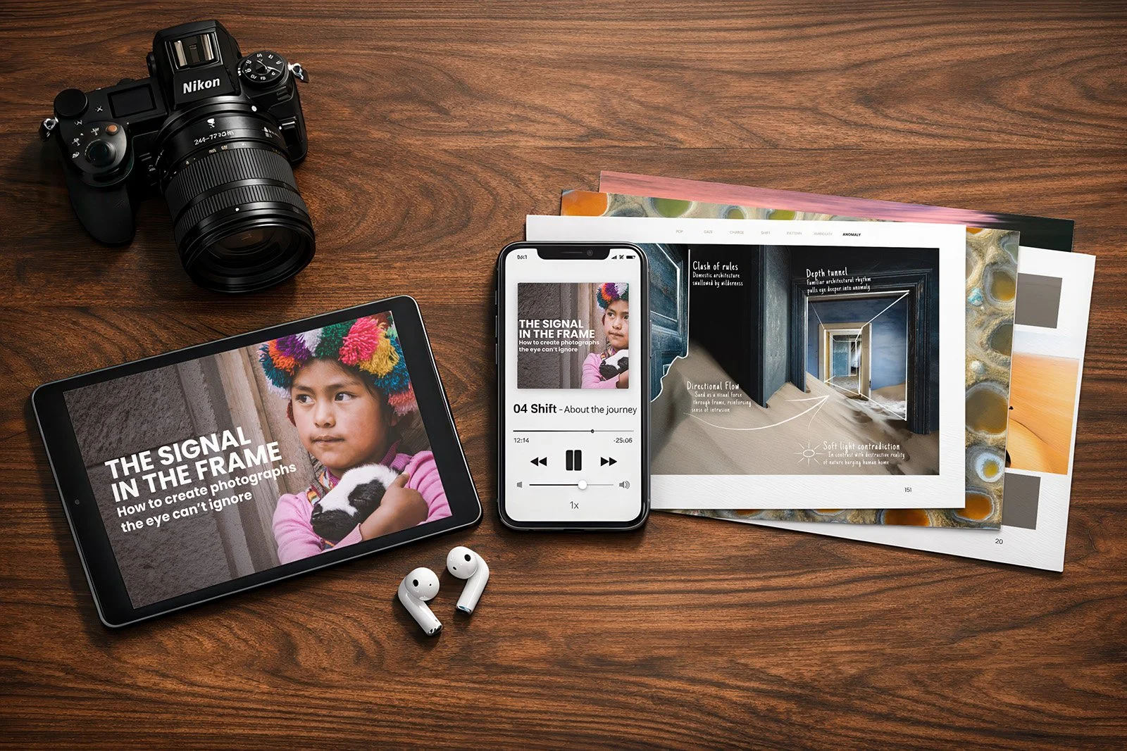 A product display of 'The Signal in the Frame' photography guide on a tablet, phone, and printed book alongside a Nikon camera.