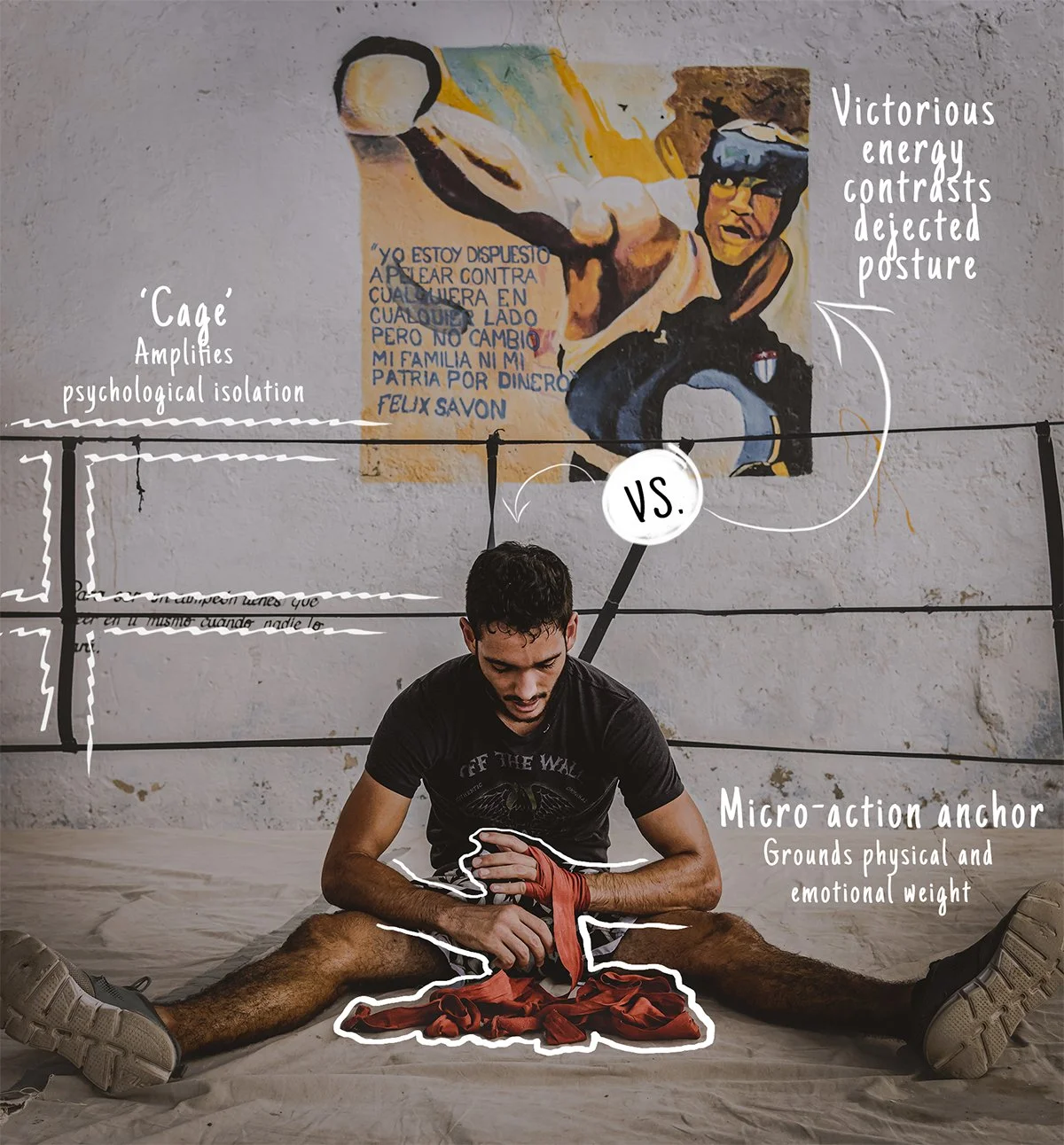 A boxer sitting in a Havana ring with his head bowed and hands wrapped, illustrating 'Charge' through postural collapse and emotional energy.