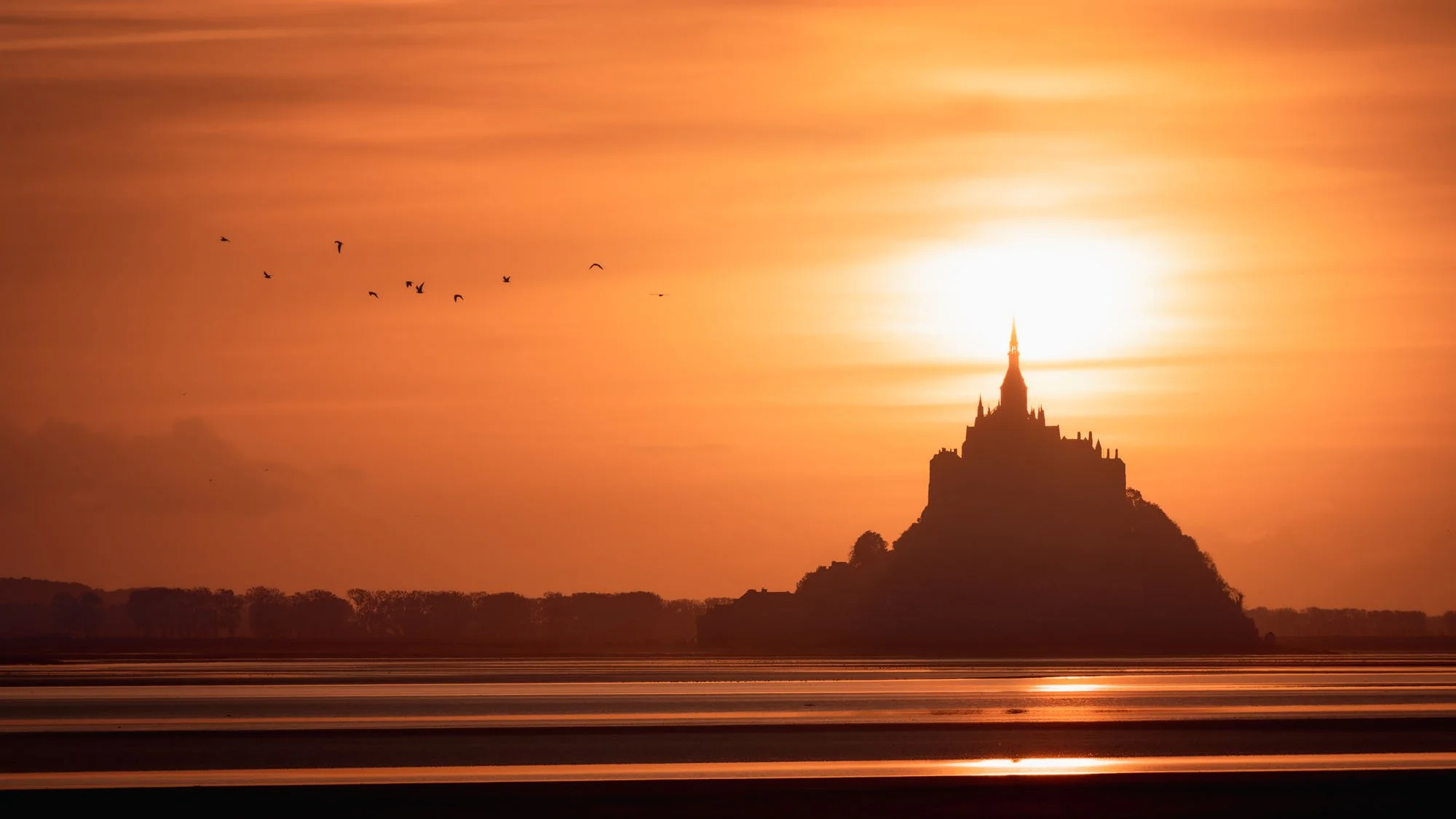 A dramatic sunset silhouette of Mont Saint-Michel in France against a glowing amber sky, with birds in flight and golden reflections across the tidal flats