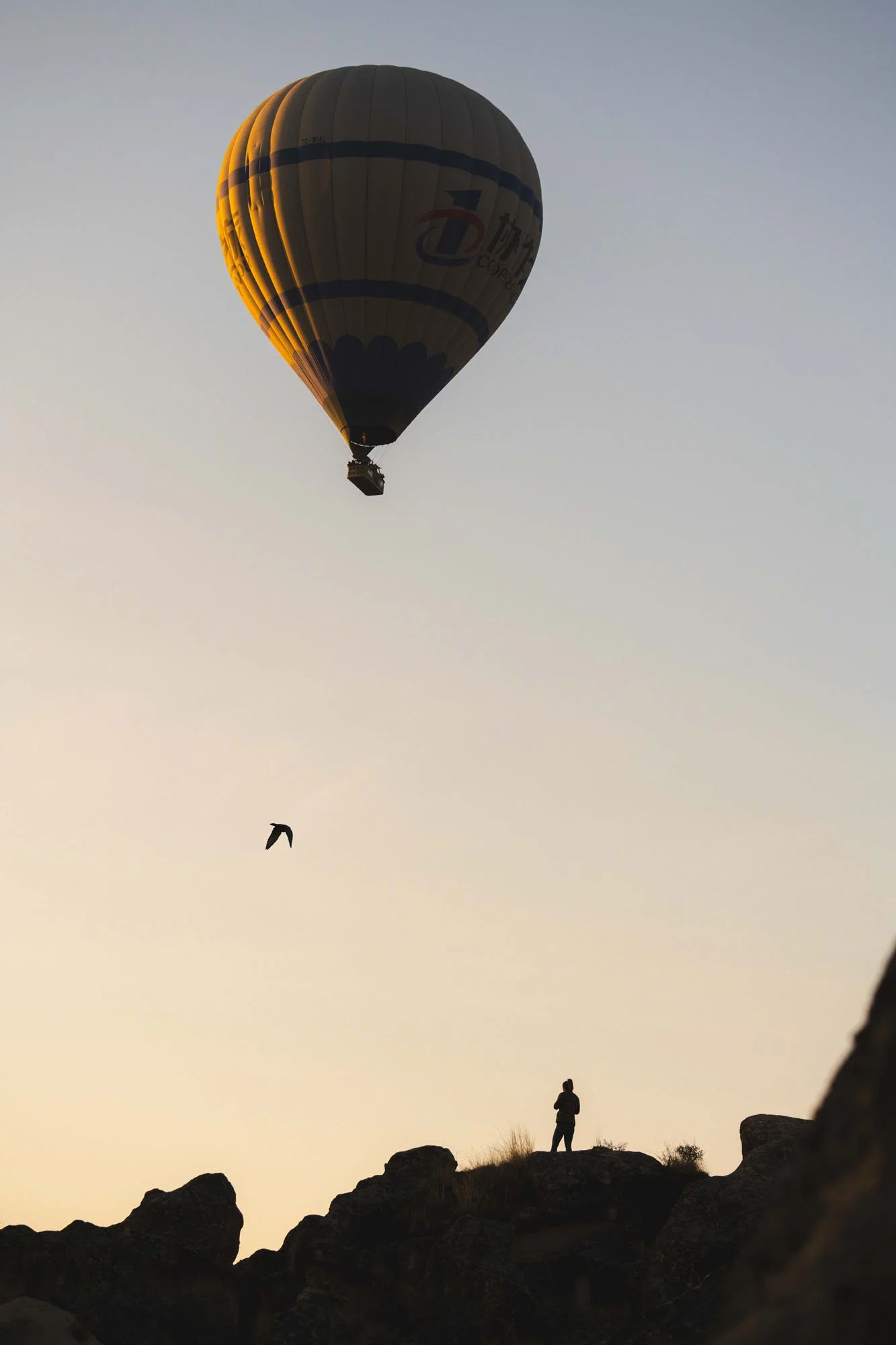 A silhouette of a person and a bird in flight on a rocky ridge in Cappadocia with a balloon hovering above, creating a triangle of visual tension and relational interest