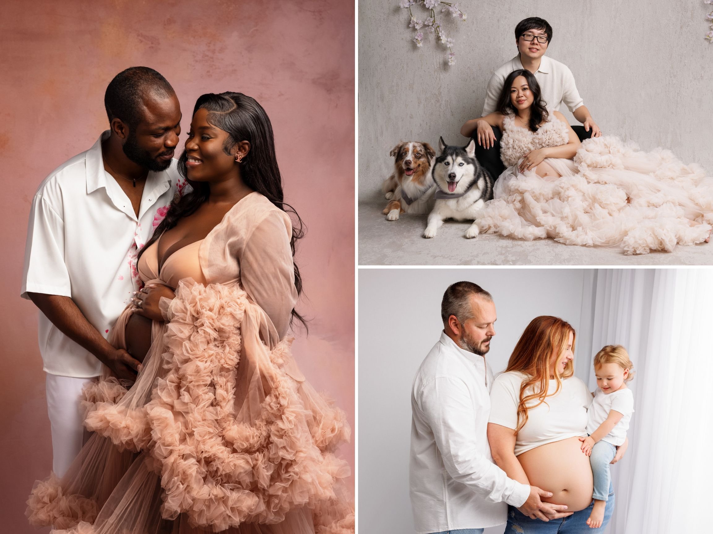 collage of maternity session photos including partners, children, and dogs