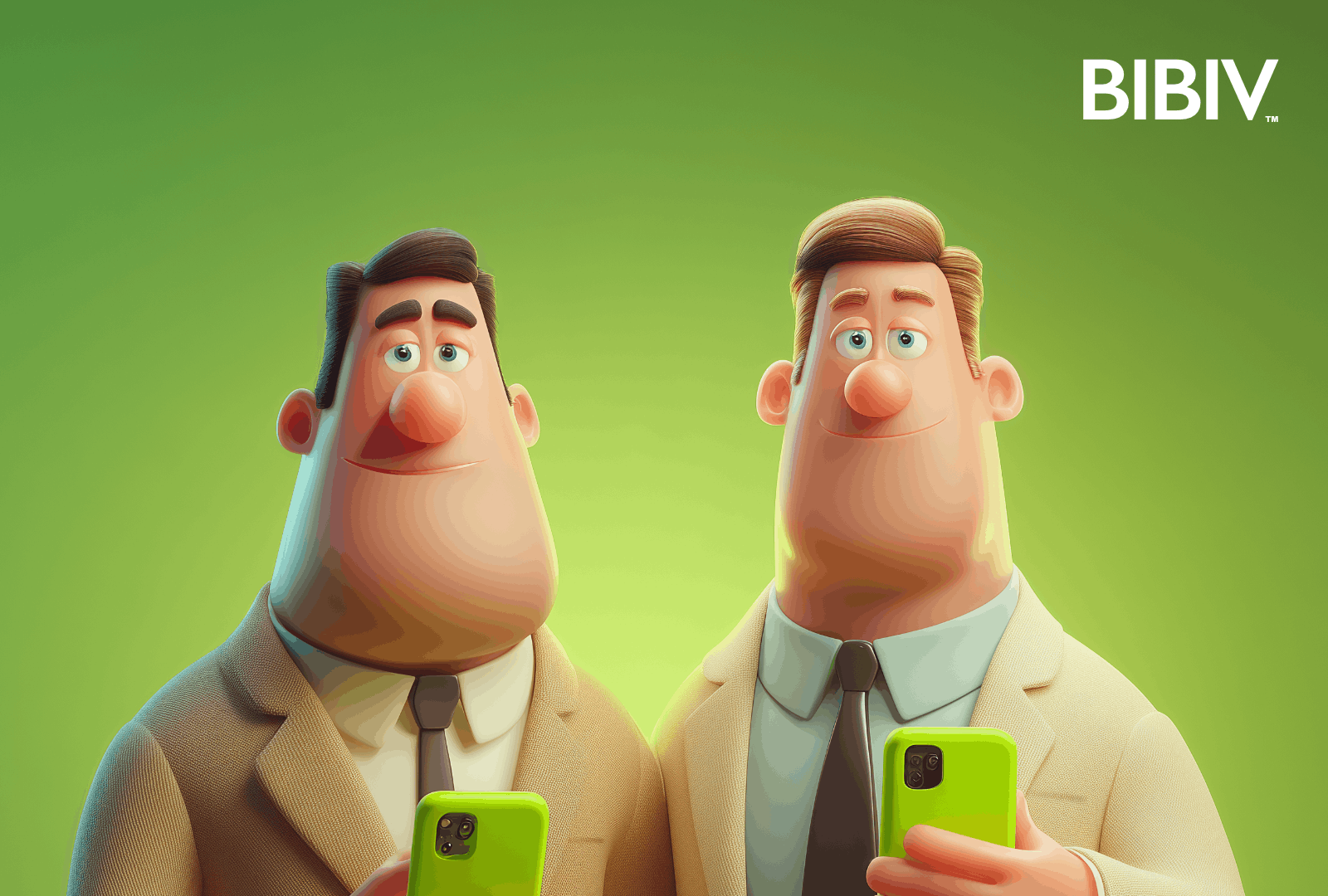 Two animated men in beige suits with black ties hold green smartphones and stand close together against a green background. They have similar hairstyles and facial features, with large noses and expressive eyes.