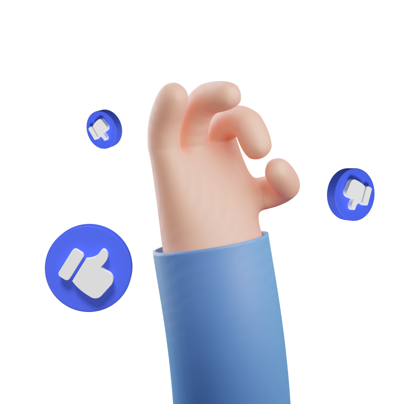 A hand with a blue sleeve making a thumbs up gesture, with floating blue thumbs up icons around it.