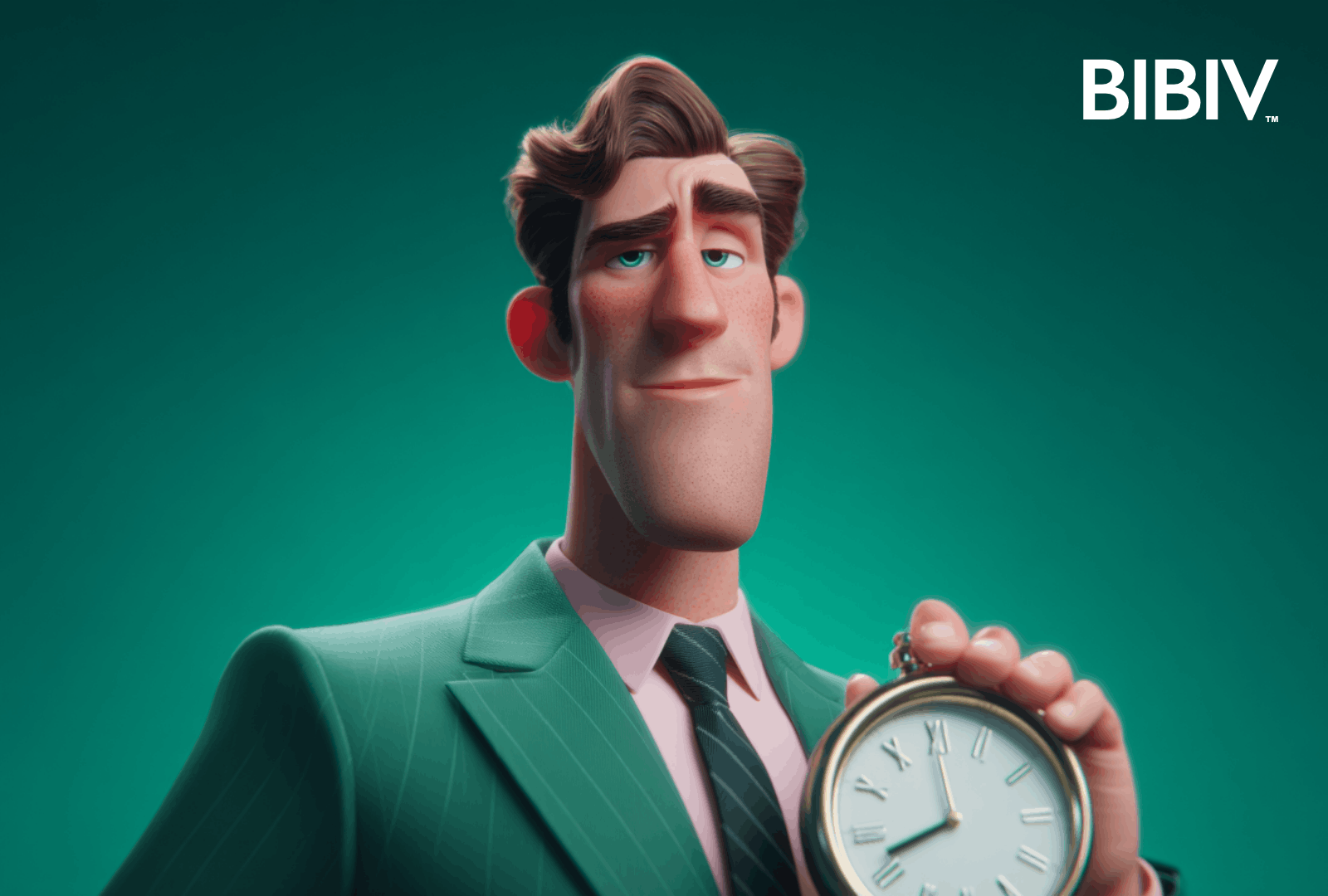 Animated man in a green suit holding a pocket watch, with a serious expression, against a green background, with 'BIBIV' logo in the top right corner.